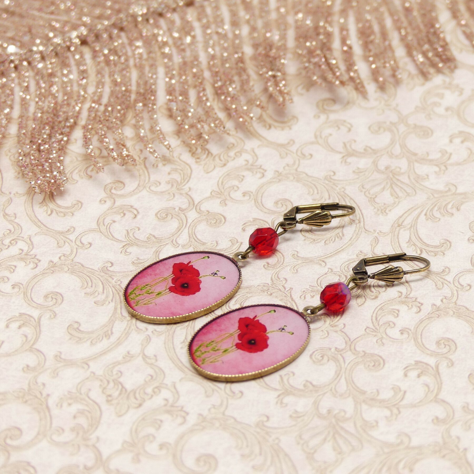 Boucles d'oreilles femme dormeuses flowers for zoe métal doré rose et cuir  rouge - boucles-d